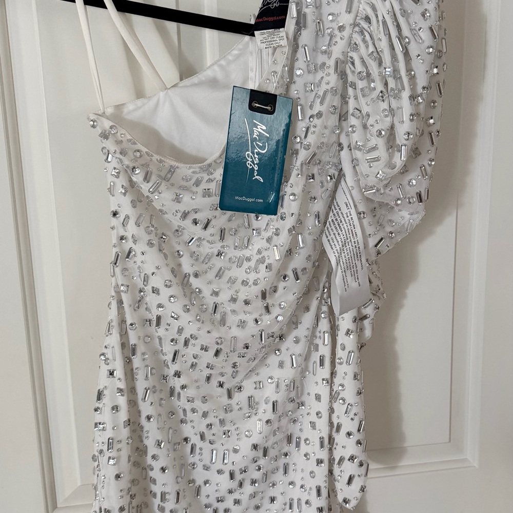 Mac Duggal One-Shoulder White Dress with Silver Accents - Picture 3 of 7